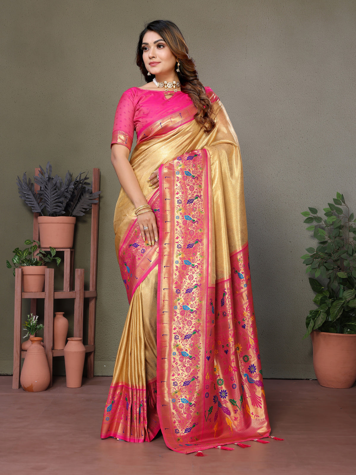 Yellow Pink Pure Banarasi Tissue Silk Saree