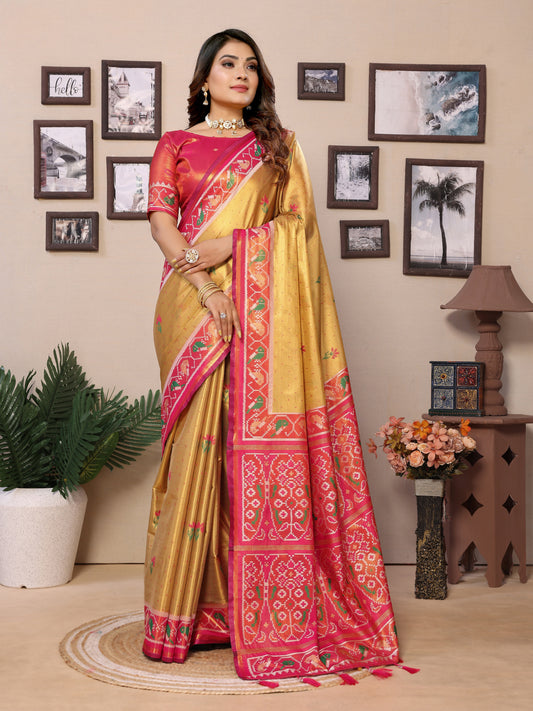 Mustard Pure Banarasi Tissue Silk Saree with Patola Woven Borders