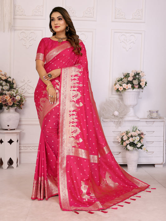 Pink Exclusive Summer Special Pure Lichi Silk Saree Collection | Premium Quality Kochi Silk with Bandhej Weaving | Official Wear, Easy Maintenance & Durable | Soft, Comfy & Easy to Drape.