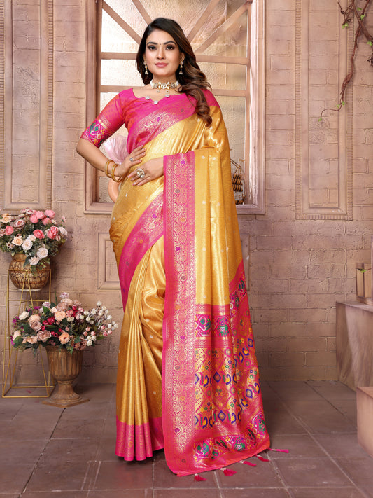 Mustard Pure Banarasi Tissue Silk Saree Paithani Pallu