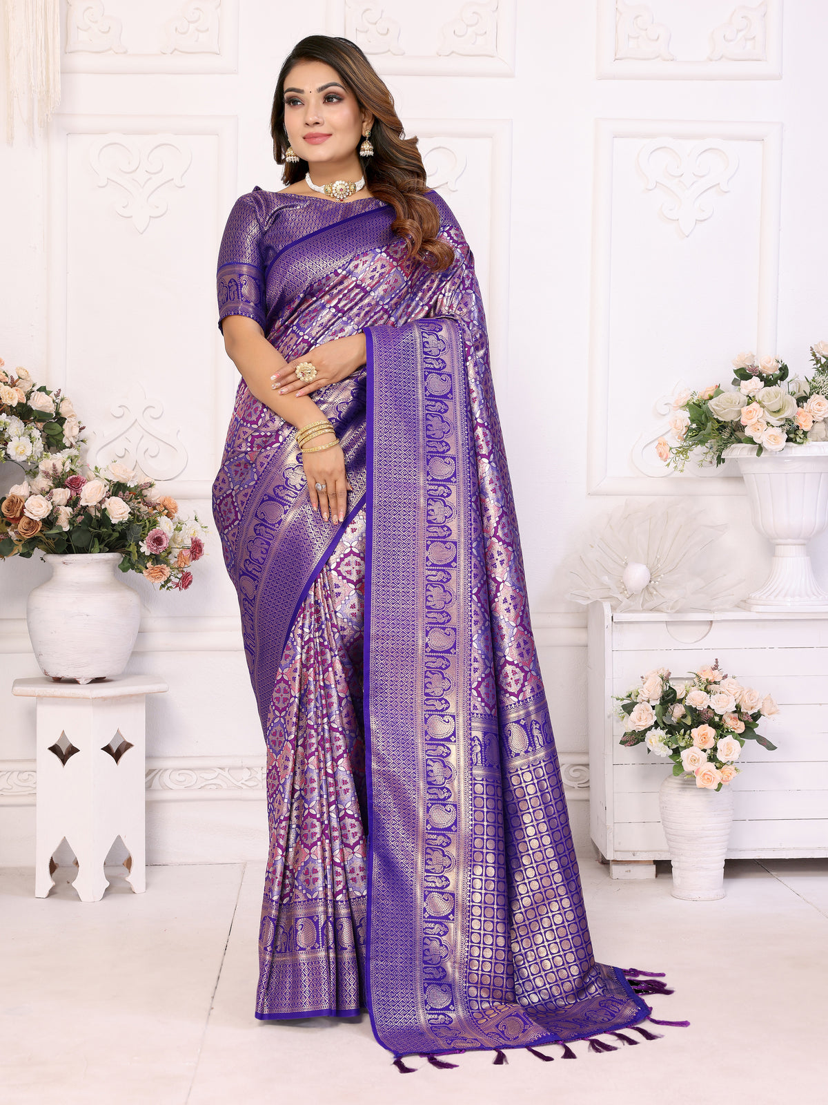 Purple Banarasi Chaturi Silk Saree with Contrast Blouse.