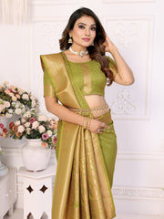 Luxury Green Soft Silk Saree with All-Over Butties, Zari Big Border & Rich Woven Pallu - Ultra-Lightweight, Silky Smooth, Baby Soft Fabric with Matching Silk Blouse.