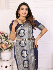 Navy Blue Banarasi Silk Saree for Weddings.