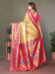 Yellow Pink Pure Banarasi Tissue Silk Saree