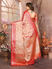 Peach Handloom Tissue Silk Saree with All-Over Zari Weaving, Contrast Zari Borders & Rich Pallu – Elegant Wedding & Festive Wear.