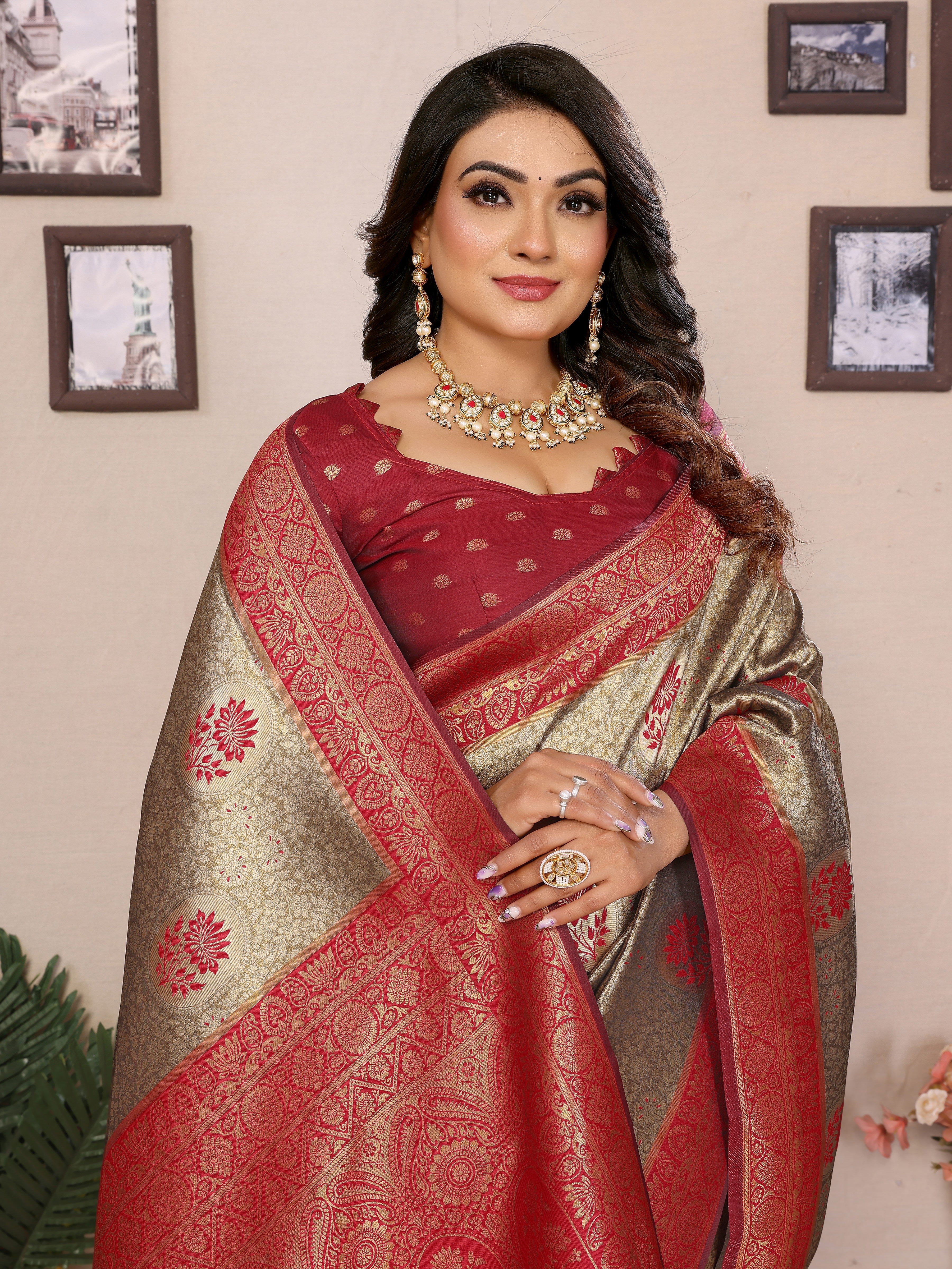 Red tissue silk saree