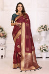 Maroon Color Premium Lichi Soft Silk Saree with Woven Butta Design, Zari Borders & Rich Pallu – Elegant Wedding & Party Wear.