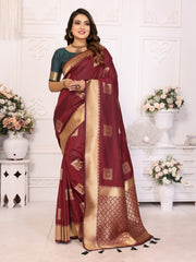 Maroon Color Premium Lichi Soft Silk Saree with Woven Butta Design, Zari Borders & Rich Pallu – Elegant Wedding & Party Wear.