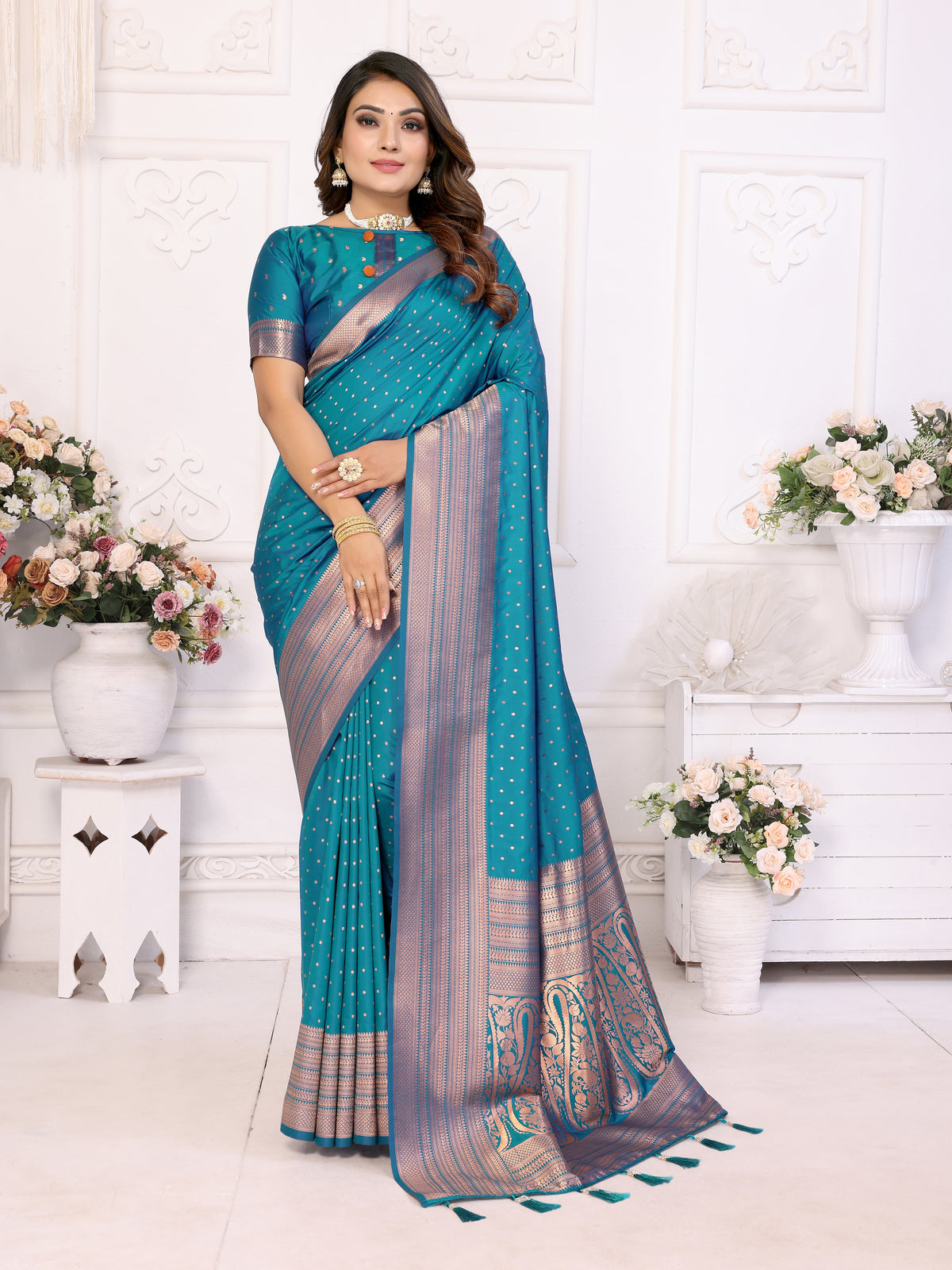 Luxury Blue Soft Silk Saree with All-Over Butties, Zari Big Border & Rich Woven Pallu - Ultra-Lightweight, Silky Smooth, Baby Soft Fabric with Matching Silk Blouse