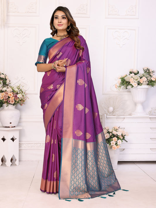 Exquisite Purple Color Premium Lichi Soft Silk Saree with Woven Butta, Zari Borders & Contrast Blouse | Rich, Flowing, and Elegant Design.