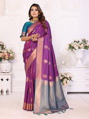 Exquisite Purple Color Premium Lichi Soft Silk Saree with Woven Butta, Zari Borders & Contrast Blouse | Rich, Flowing, and Elegant Design.