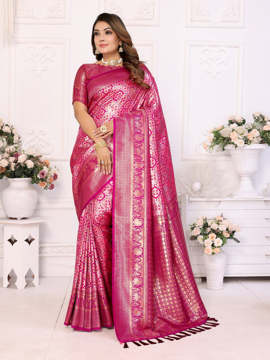 Dark Pink Banarasi Chaturi Silk Saree with Contrast Blouse.