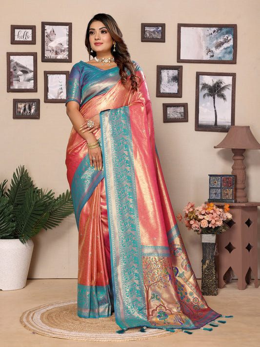 Pink Pure Banarasi Tissue Silk Saree with Paithani Woven Borders