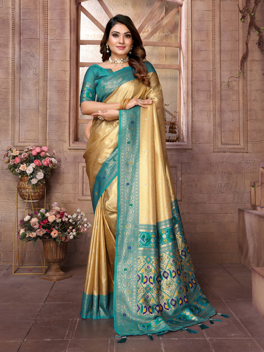 Cream Pure Banarasi Tissue Silk Saree With Paithani Pallu