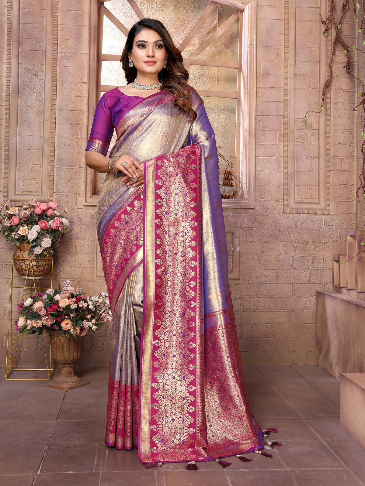 Purple Designer Pure Banarasi Tissue Silk Saree