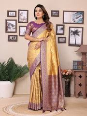 Yellow Purple Color Tissue Silk Saree for Weddings