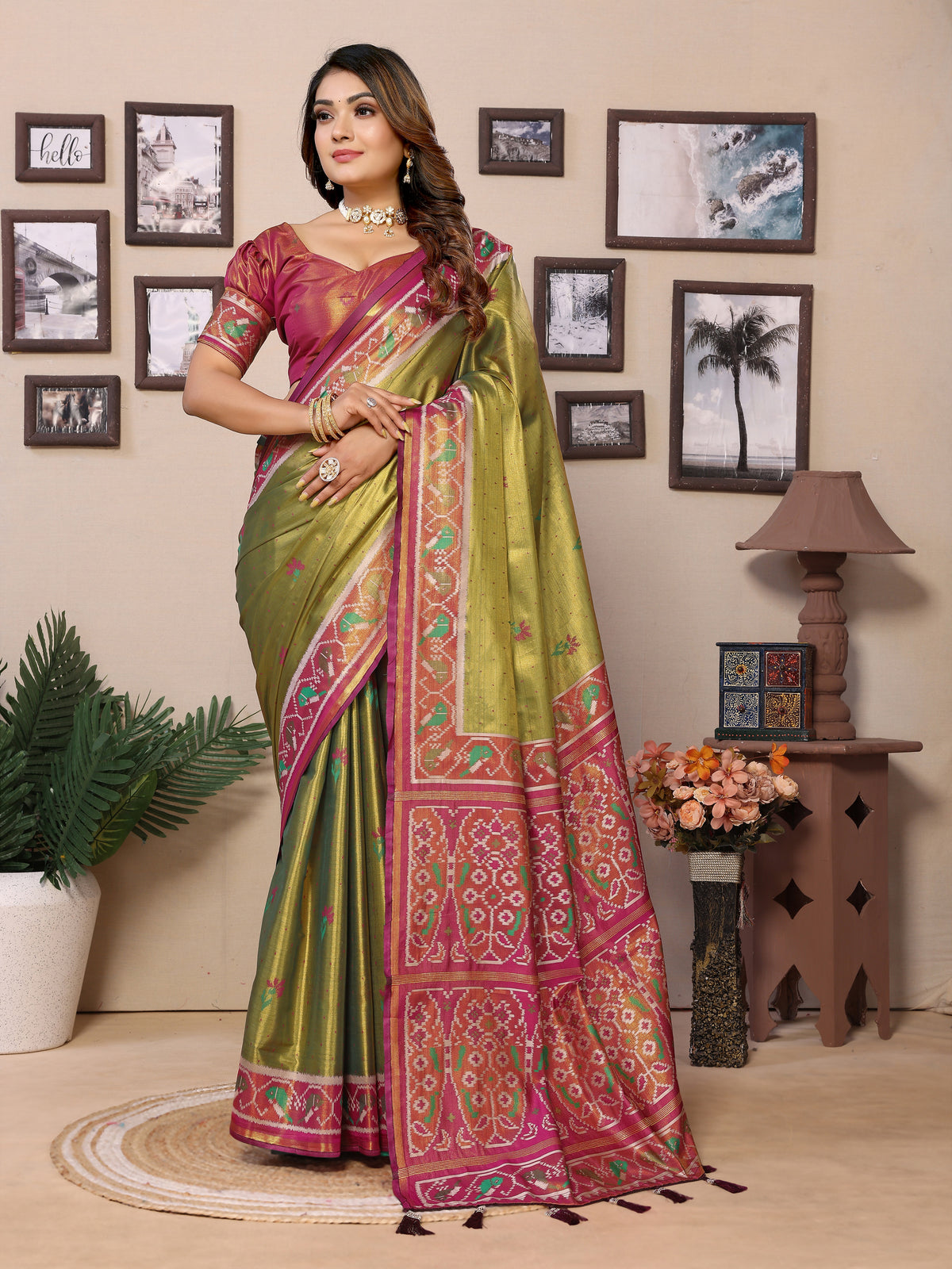 Green Color Pure Banarasi Tissue Silk Saree with Patola Woven Borders