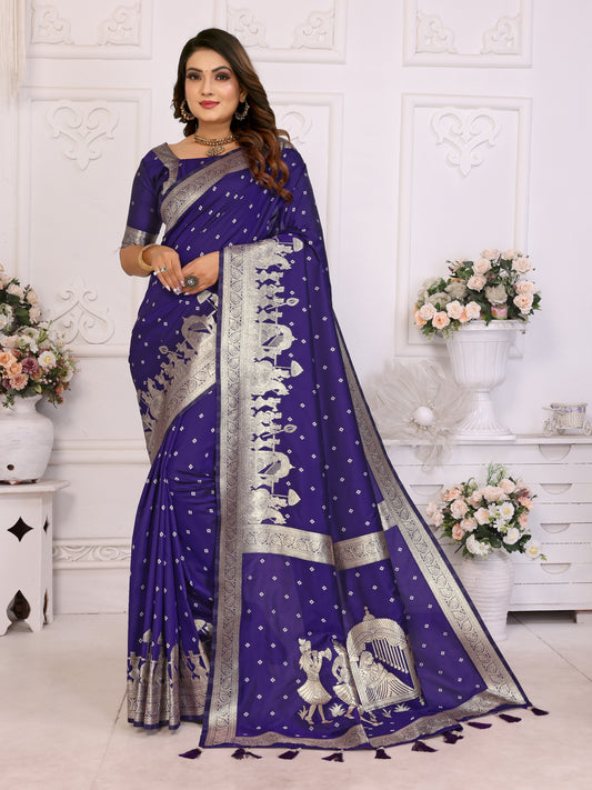 Blue Exclusive Summer Special Pure Lichi Silk Saree Collection | Premium Quality Kochi Silk with Bandhej Weaving | Official Wear, Easy Maintenance & Durable | Soft, Comfy & Easy to Drape.