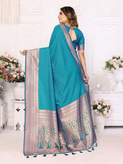 Luxury Blue Soft Silk Saree with All-Over Butties, Zari Big Border & Rich Woven Pallu - Ultra-Lightweight, Silky Smooth, Baby Soft Fabric with Matching Silk Blouse