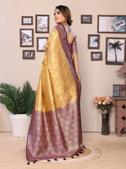 Yellow Purple Color Tissue Silk Saree for Weddings