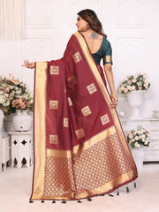 Maroon Color Premium Lichi Soft Silk Saree with Woven Butta Design, Zari Borders & Rich Pallu – Elegant Wedding & Party Wear.