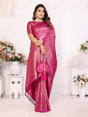 Dark Pink Banarasi Chaturi Silk Saree with Contrast Blouse.