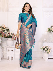 Luxury Blue Soft Silk Saree with All-Over Butties, Zari Big Border & Rich Woven Pallu - Ultra-Lightweight, Silky Smooth, Baby Soft Fabric with Matching Silk Blouse