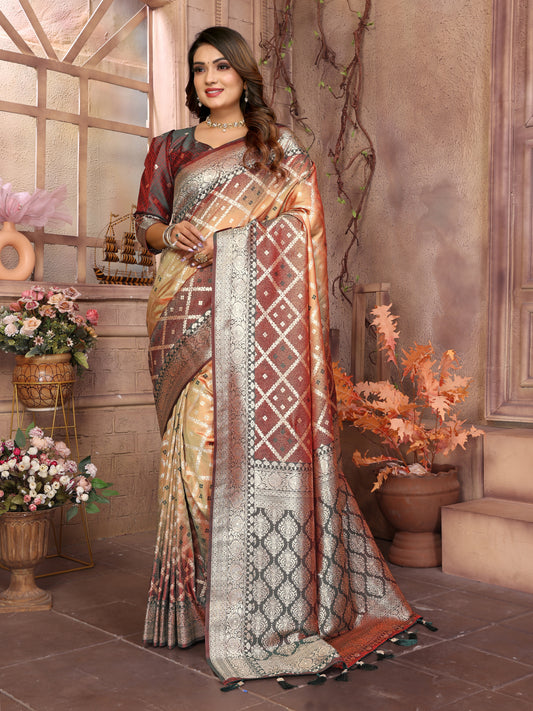 Brown Exclusive Summer Special Pure Lichi Silk Saree Collection | Premium Kochi Silk with Elegant Checks Weaving | Soft, Comfy & Easy to Drape | Wedding Wear Saree | Washable, Durable & Easy Maintenance.