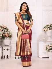 Maroon Color Premium Lichi Soft Silk Saree with Woven Butta Design, Zari Borders & Rich Pallu – Elegant Wedding & Party Wear.