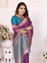 Exquisite Purple Color Premium Lichi Soft Silk Saree with Woven Butta, Zari Borders & Contrast Blouse | Rich, Flowing, and Elegant Design.