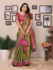 Green Color Pure Banarasi Tissue Silk Saree with Patola Woven Borders