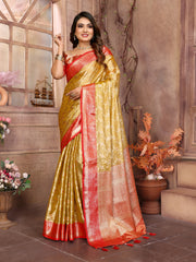 Mustard Color Handloom Tissue Silk Saree with All-Over Zari Weaving, Contrast Zari Borders & Rich Pallu – Elegant Wedding & Festive Wear.