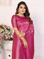 Dark Pink Banarasi Chaturi Silk Saree with Contrast Blouse.