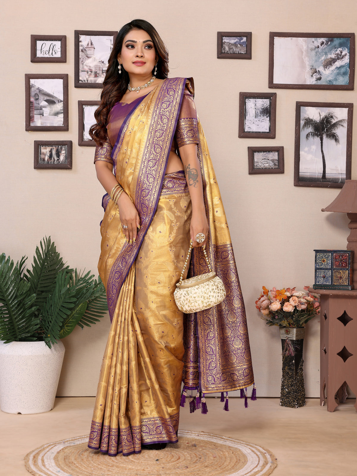 Yellow Purple Color Tissue Silk Saree for Weddings