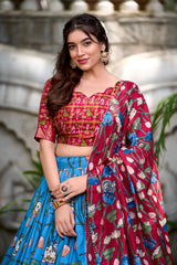 Firozi Tussar Silk Pichwai & Patola Print Lehenga Choli