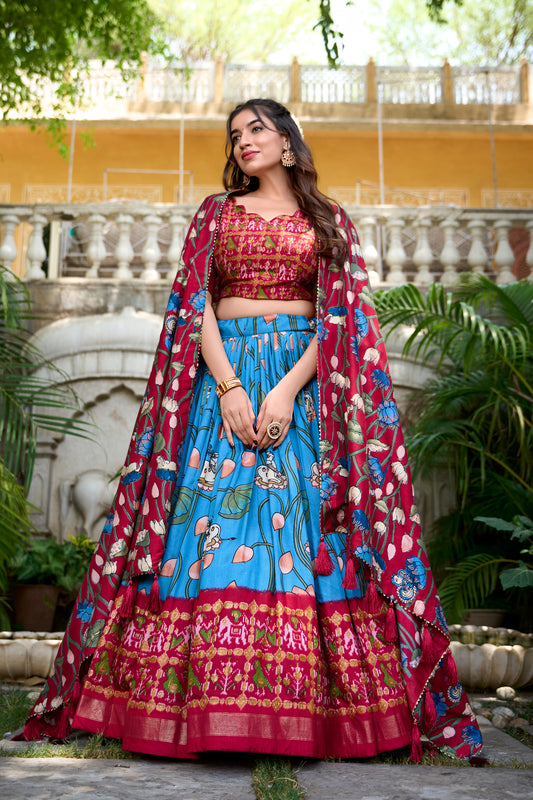 Firozi Tussar Silk Pichwai & Patola Print Lehenga Choli