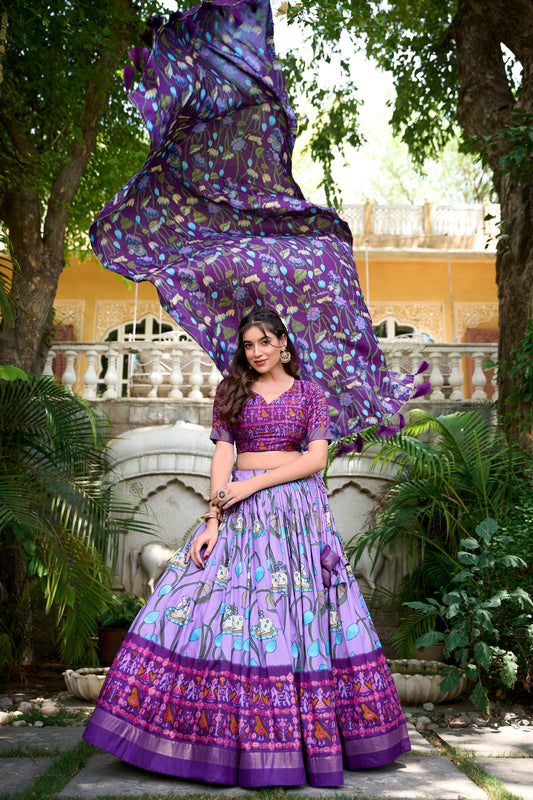 Lavender Tussar Silk Pichwai & Patola Print Lehenga Choli