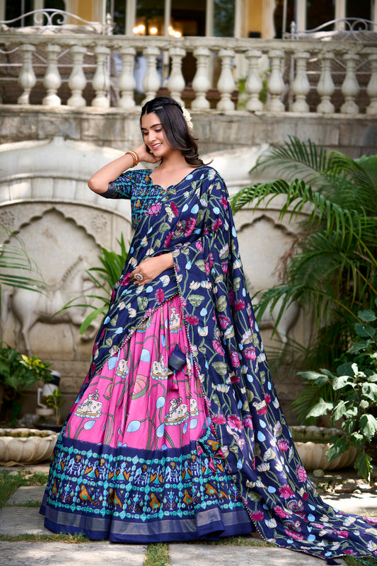 Pink Tussar Silk Pichwai & Patola Print Lehenga Choli