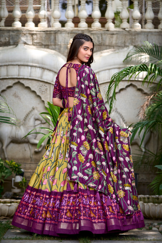 Yellow Tussar Silk Pichwai & Patola Print Lehenga Choli