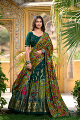 Green Color Tussar Silk Kalamkari Lehenga Choli