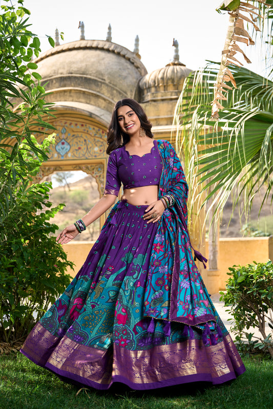 Purple Color Tussar Silk Kalamkari Lehenga Choli