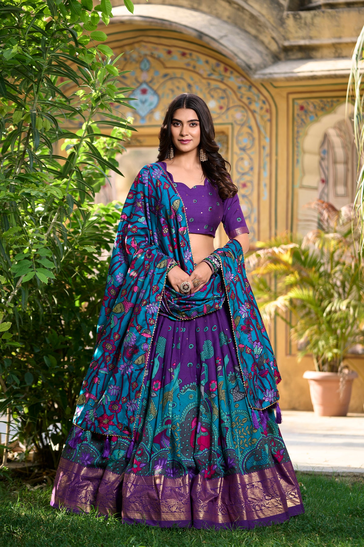 Purple Color Tussar Silk Kalamkari Lehenga Choli