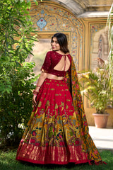 Red Color Tussar Silk Kalamkari Lehenga Choli