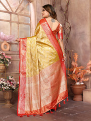 Mustard Color Handloom Tissue Silk Saree with All-Over Zari Weaving, Contrast Zari Borders & Rich Pallu – Elegant Wedding & Festive Wear.