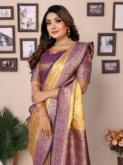 Yellow Purple Color Tissue Silk Saree for Weddings