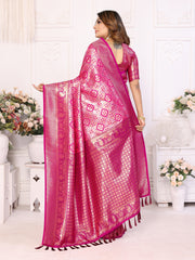 Dark Pink Banarasi Chaturi Silk Saree with Contrast Blouse.