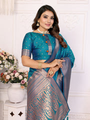 Luxury Blue Soft Silk Saree with All-Over Butties, Zari Big Border & Rich Woven Pallu - Ultra-Lightweight, Silky Smooth, Baby Soft Fabric with Matching Silk Blouse