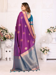 Exquisite Purple Color Premium Lichi Soft Silk Saree with Woven Butta, Zari Borders & Contrast Blouse | Rich, Flowing, and Elegant Design.