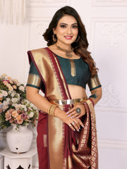 Maroon Color Premium Lichi Soft Silk Saree with Woven Butta Design, Zari Borders & Rich Pallu – Elegant Wedding & Party Wear.