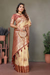 Brown Premium Viscose Silky Saree with All-Over Weaving Butties, Contrast Border, and Rich Woven Pallu – Ideal for Weddings & Festivals.